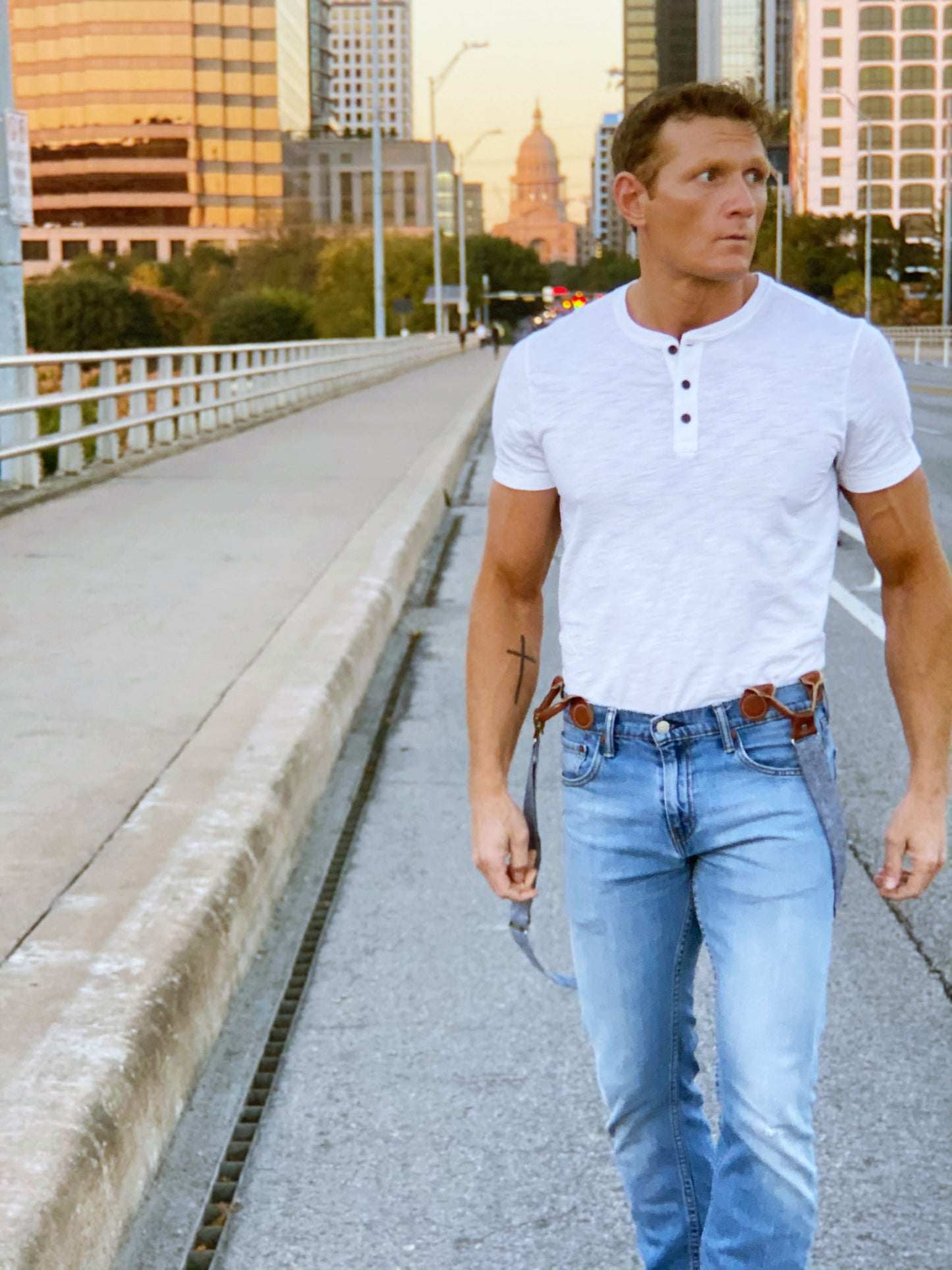 Stratton Suspenders Blue Linen Cognac Clasps Off the Shoulder Downtown Night Life Plain White T-shirt and Jeans South Congress Bridge Downtown Austin Texas Capital Building