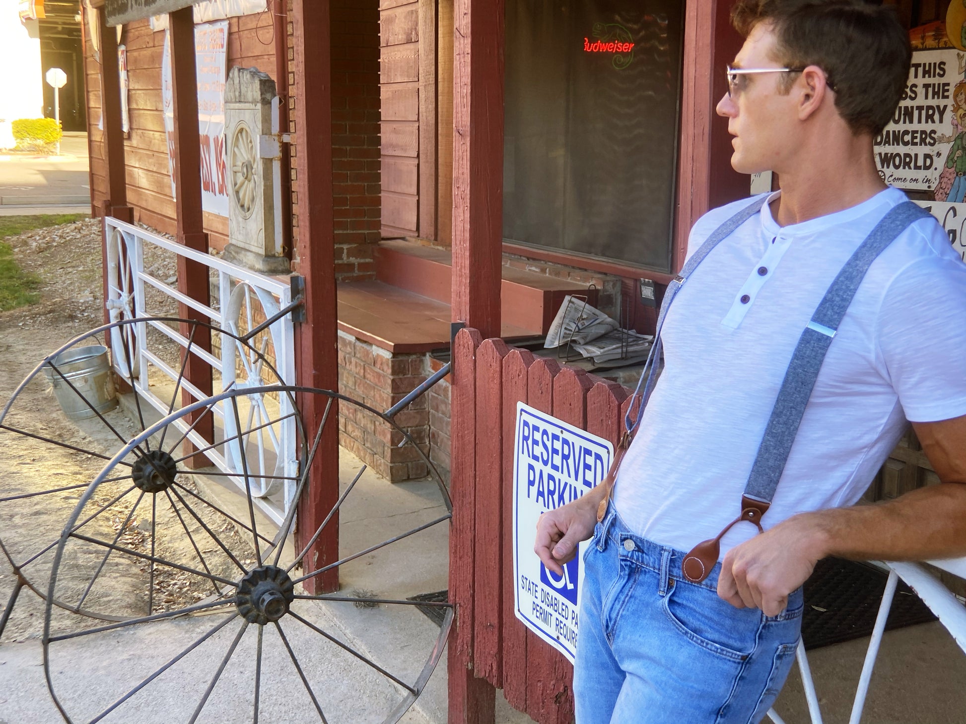 Stratton Suspenders Blue Linen Cognac Clasps Off the Shoulder Downtown Night Life Plain White T-shirt and Jeans South Congress Downtown Austin Texas Capital Building Broken Spoke