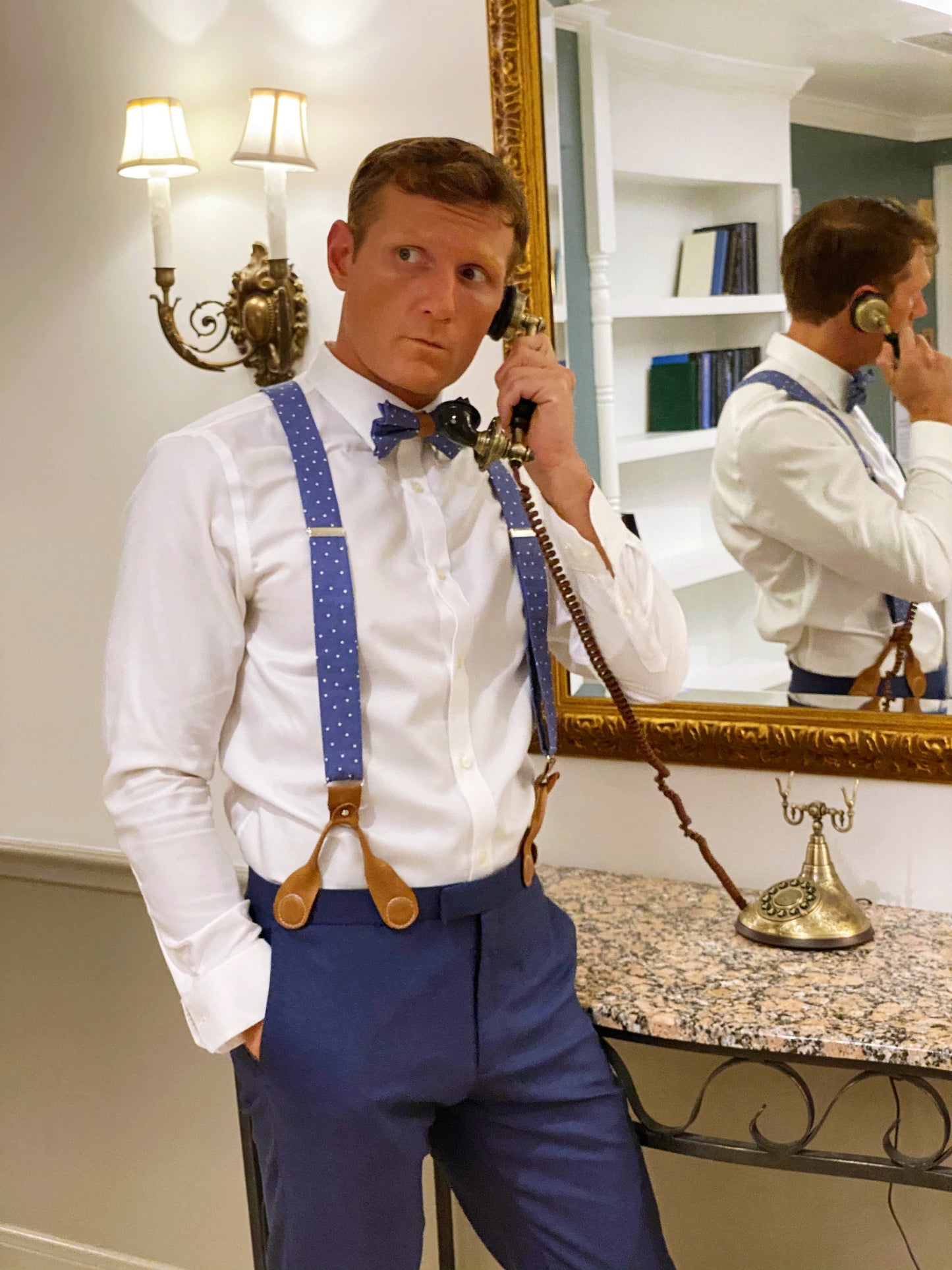 Blue Polka Dot Suspenders at Formal Event Stratton Suspender Co. Blue Suspenders with Blue Dress Pants