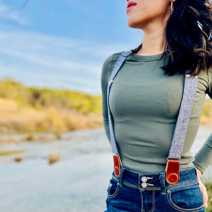 Denim Blue Linen Women’s Suspenders with Magnetic Clasps – Handmade in Texas | Americana Style Workwear & Capsule Wardrobe Accessory
