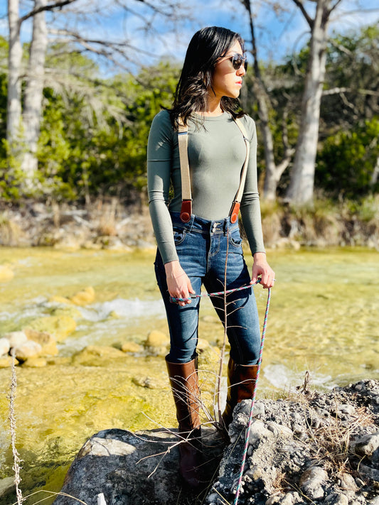 Women’s Tan Linen Suspenders with Magnetic Clasps – Handmade in Texas | Versatile Fall & Year-Round Fashion Accessory