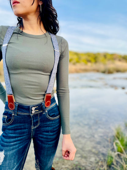 Denim Blue Linen Women’s Suspenders with Magnetic Clasps – Handmade in Texas | Americana Style Workwear & Capsule Wardrobe Accessory