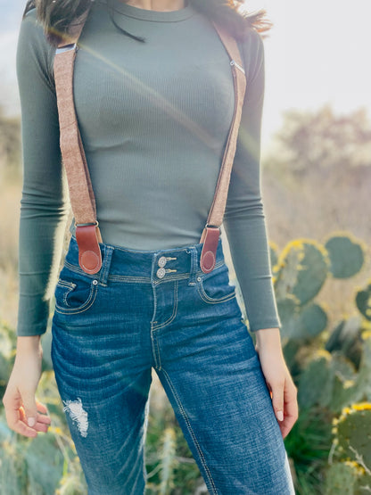 Women’s Nutmeg Brown Linen Suspenders with Magnetic Clasps – Handmade in Texas | Fall Accessory