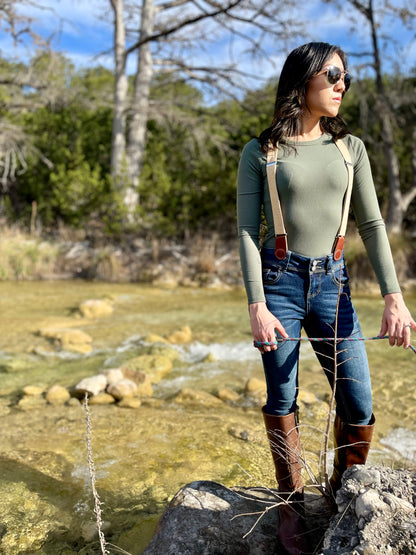 Women’s Tan Linen Suspenders with Magnetic Clasps – Handmade in Texas | Versatile Fall & Year-Round Fashion Accessory