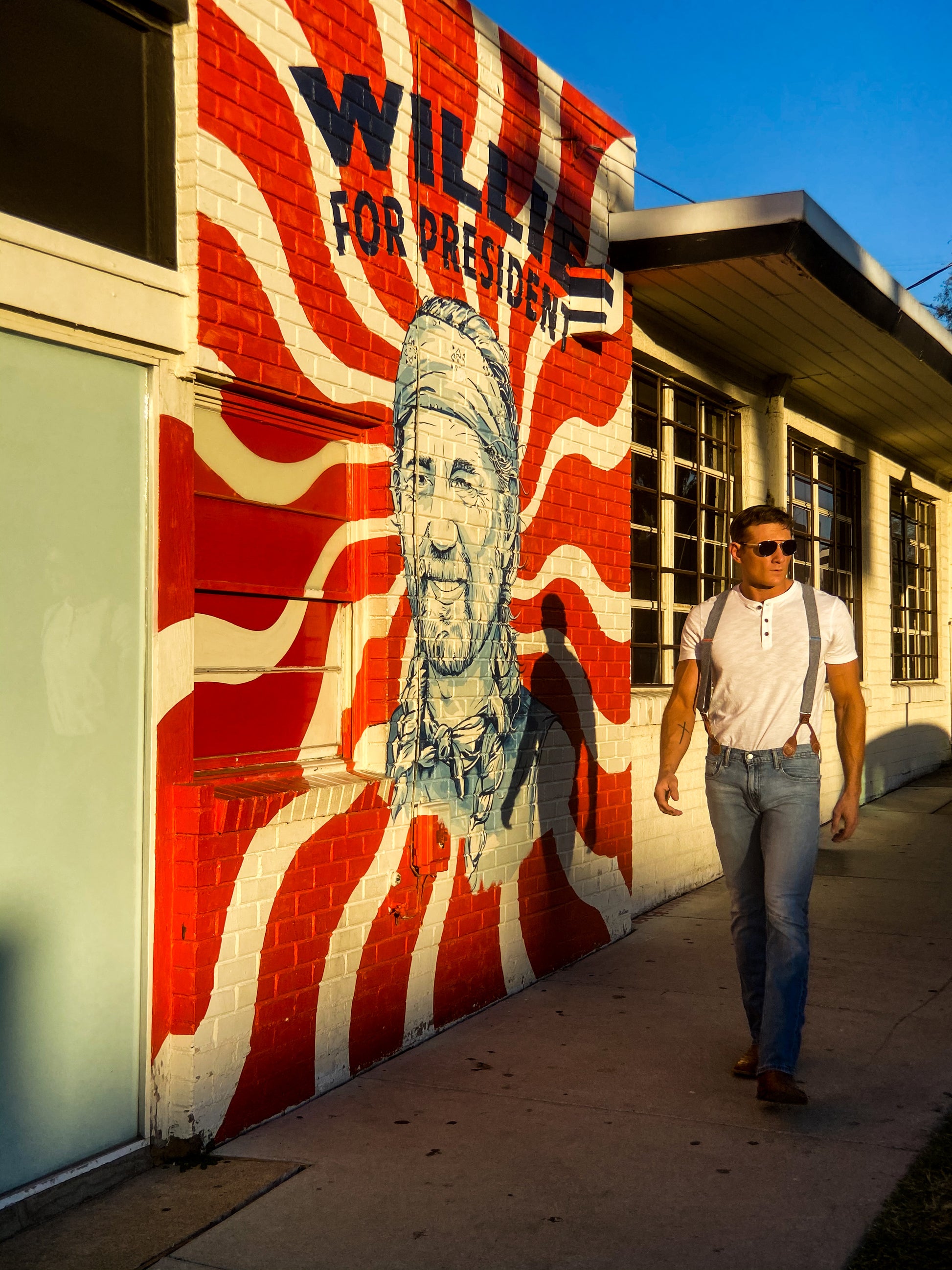 Stratton Suspenders Austin Texas Willie Nelson For President Wall Painting Blue Linen with Cognac Clasps