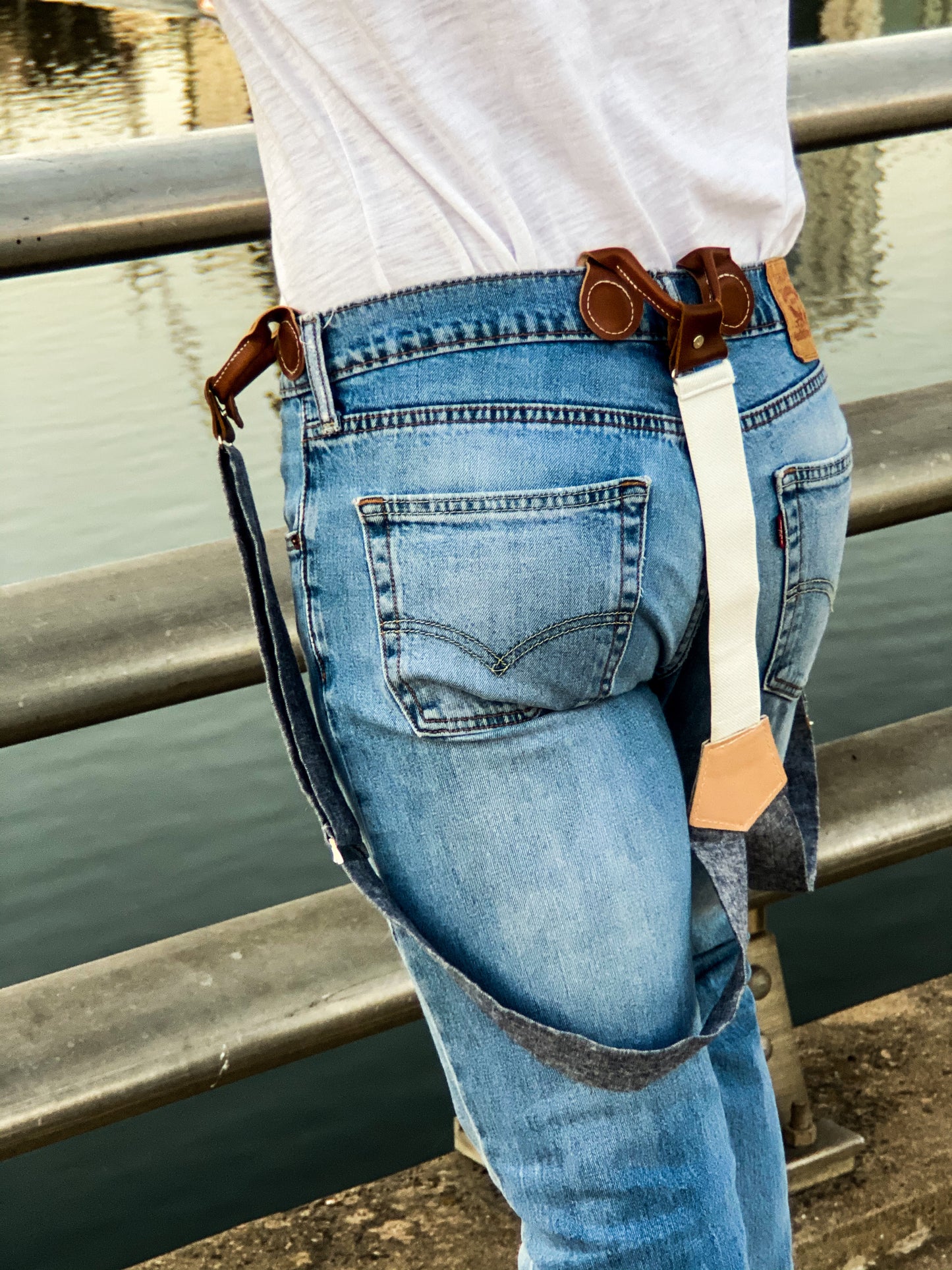 Stratton Suspenders Co. Blue with Cognac white t-shirt and light jeans