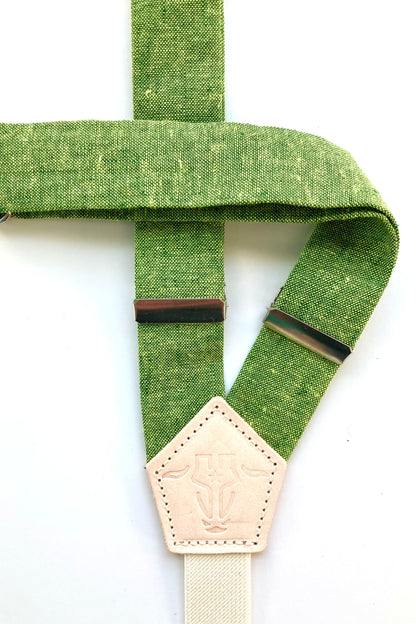 Women’s Kelly Green Linen Suspenders with Magnetic Clasps – Handmade in Texas | Bold Fall Accessory for Capsule Wardrobes