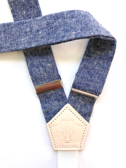 Denim Blue Linen Women’s Suspenders with Magnetic Clasps – Handmade in Texas | Americana Style Workwear & Capsule Wardrobe Accessory