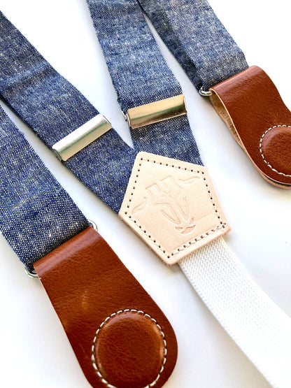 Denim Blue Linen Women’s Suspenders with Magnetic Clasps – Handmade in Texas | Americana Style Workwear & Capsule Wardrobe Accessory
