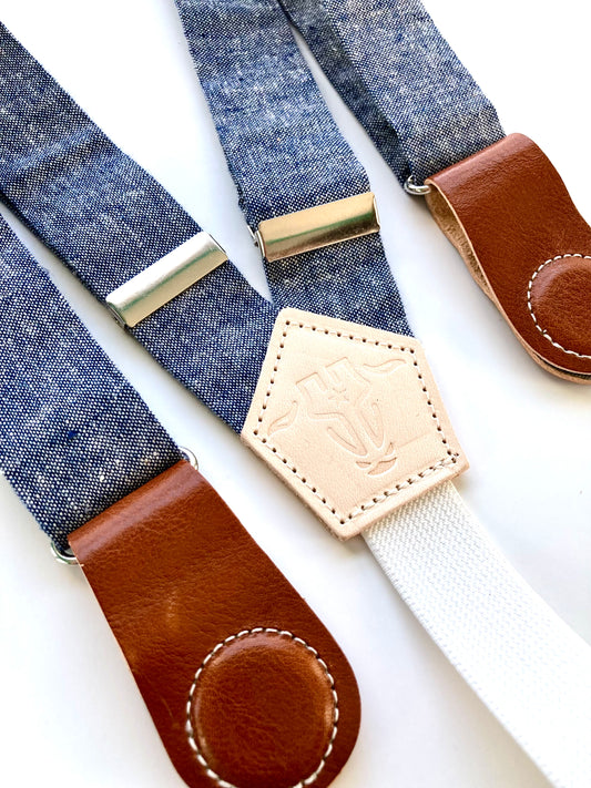 Denim Blue Linen Women’s Suspenders with Magnetic Clasps – Handmade in Texas | Americana Style Workwear & Capsule Wardrobe Accessory