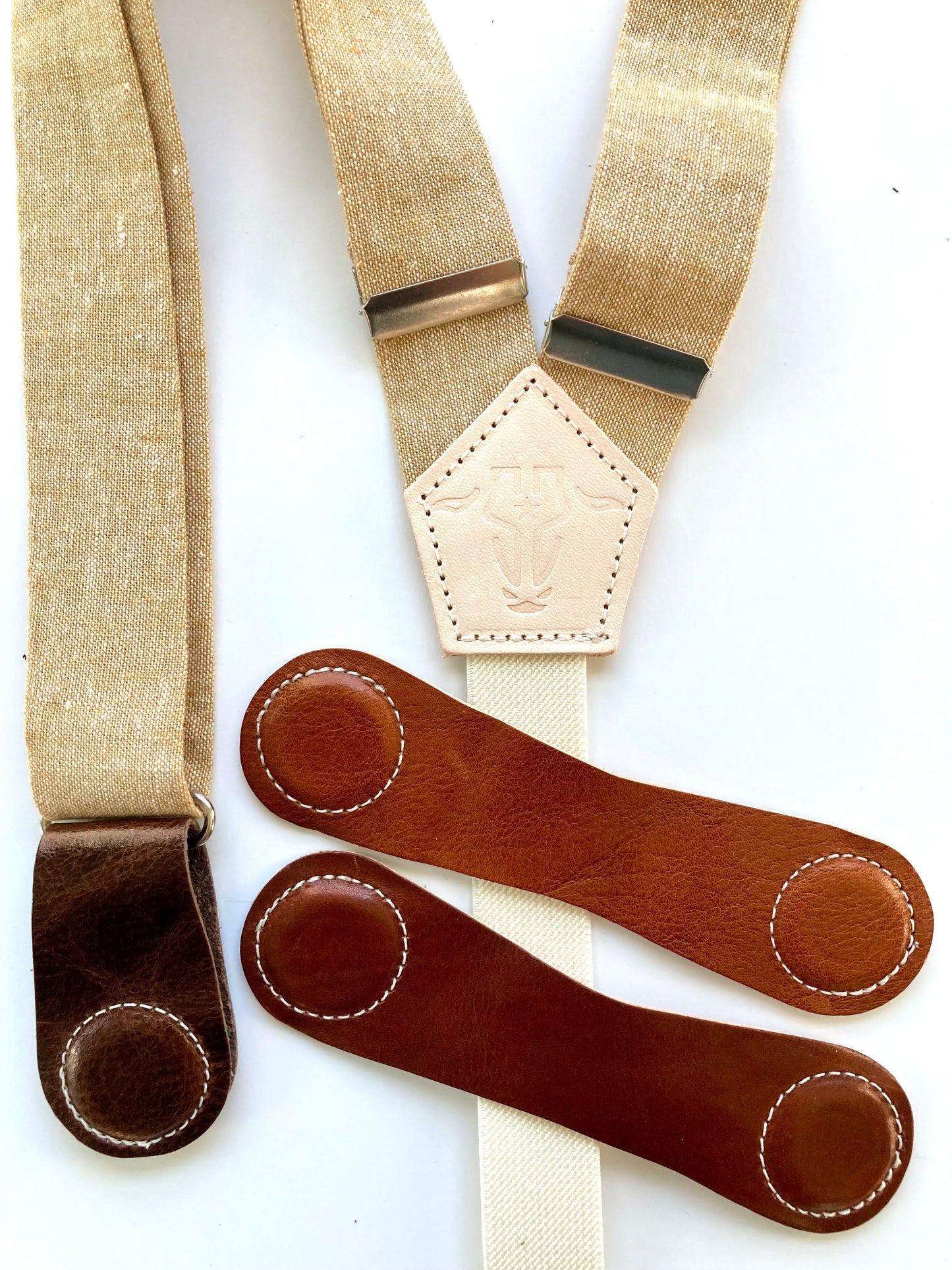 Women's Tan French Linen Suspenders with Magnetic Clasps – Handcrafted 2025 Fashion Accessory