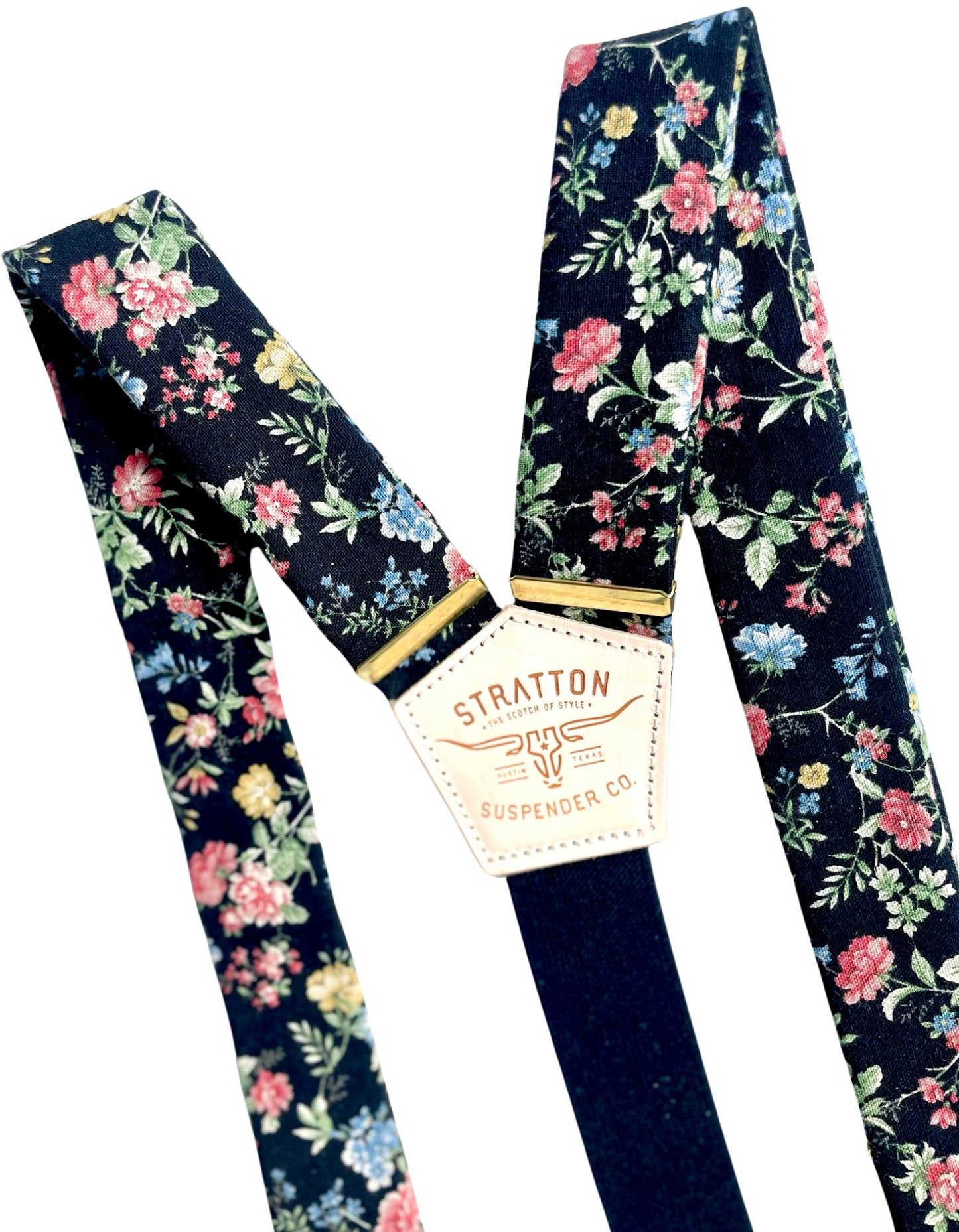 Black Floral Linen Wedding Suspenders – Handcrafted Elegance with Gold Hardware & Italian Leather