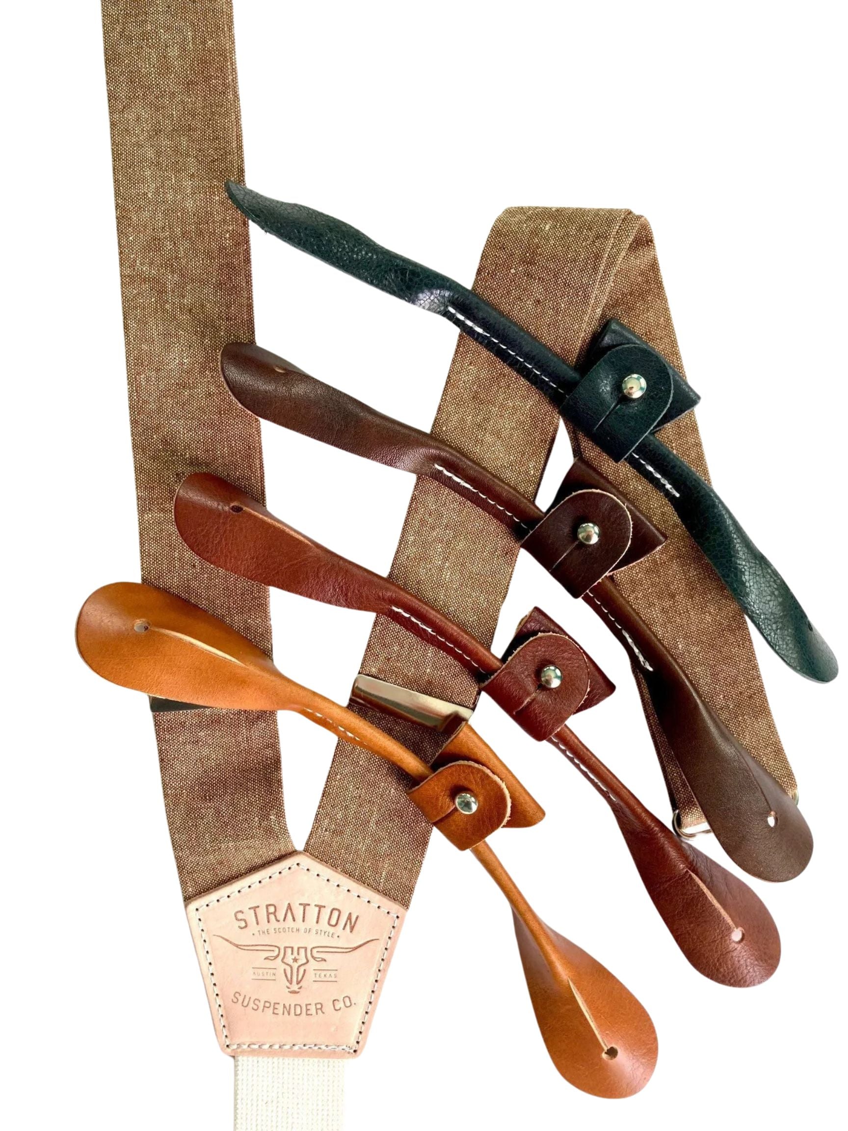 Nutmeg Brown Linen Button-On Suspenders with Premium Leather Attachments – Handmade in Texas for Rustic Weddings and Groomsmen Gifts. Vintage-Inspired Style for Groom & Suit. Heritage American Craftsmanship.