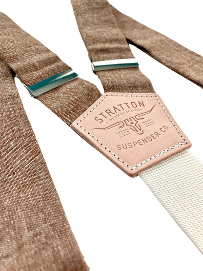 Nutmeg Brown Linen Suspenders with Vintage Cream Back Strap – Handmade Button-On Braces for Rustic Weddings and Groomsmen Gifts. Ethically Crafted in Texas for Heritage American Menswear.