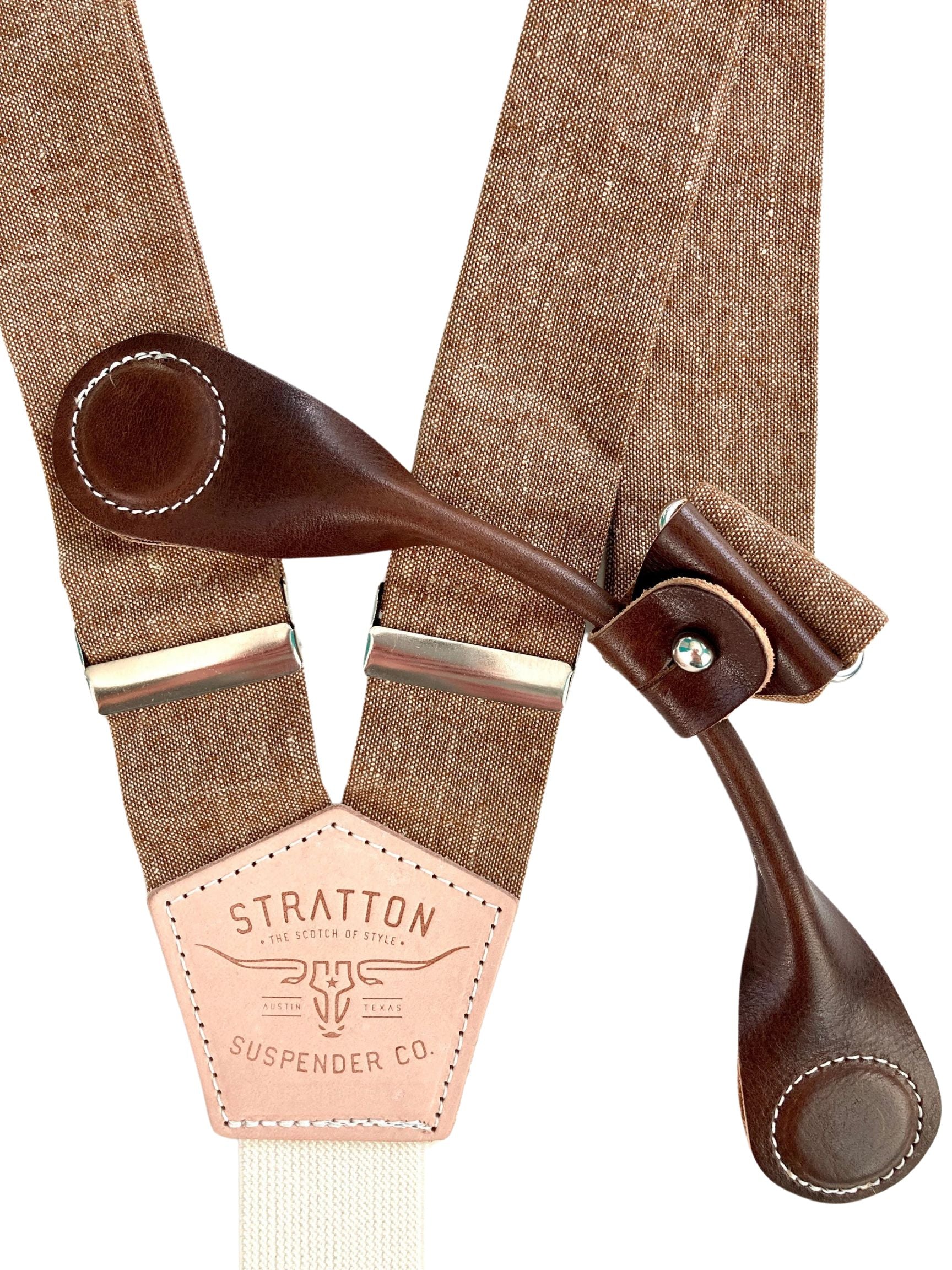 Stratton Suspender Co. features the Nutmeg (brown) linen suspenders on veg tan shoulder leather with cream colored elastic back strap for the Fall 2022 suspenders collection Magnetic Stratton Suspender clasps in Chocolate Pontedero Italian leather hand-picked by Stratton Suspender Co.