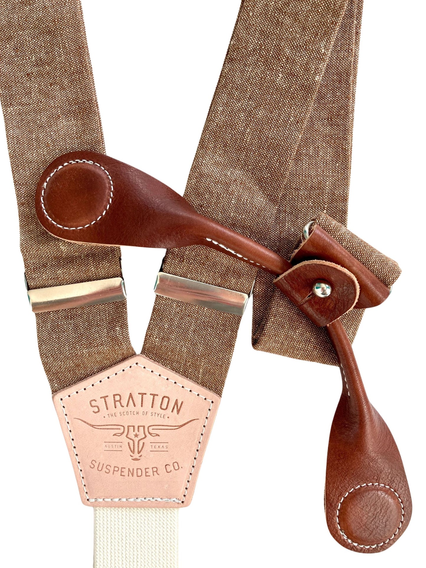 Stratton Suspender Co. features the Nutmeg (brown) linen suspenders on veg tan shoulder leather with cream colored elastic back strap for the Fall 2022 suspenders collection Magnetic Stratton Suspender clasps in Cognac Pontedero Italian leather hand-picked by Stratton Suspender Co.