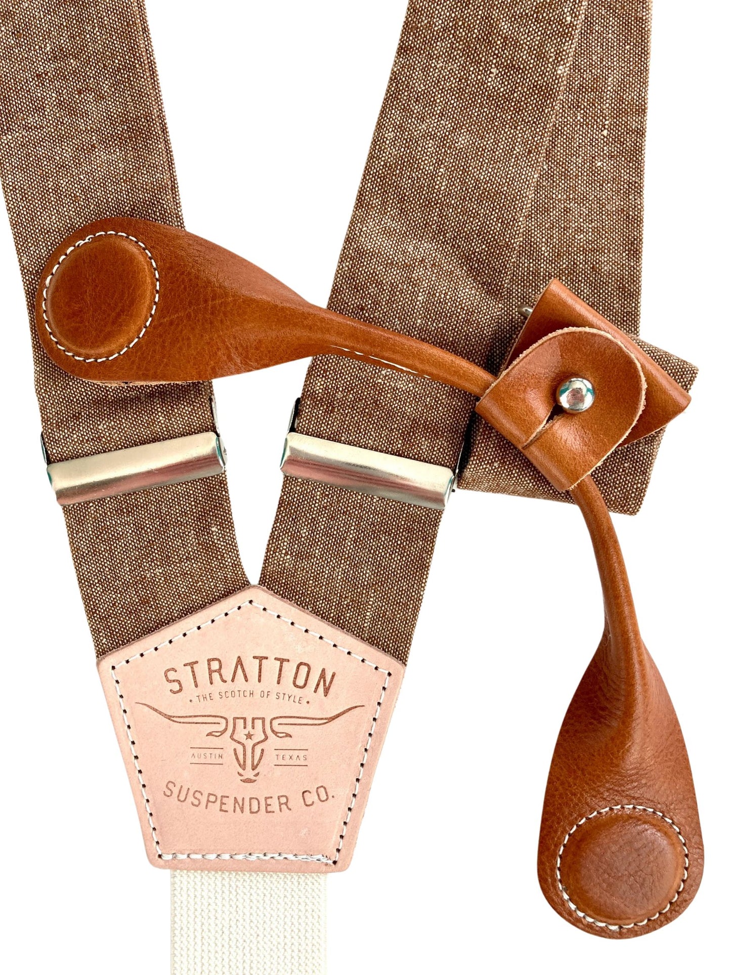 Stratton Suspender Co. features the Nutmeg (brown) linen suspenders on veg tan shoulder leather with cream colored elastic back strap for the Fall 2022 suspenders collection Magnetic Stratton Suspender clasps in Tan Pontedero Italian leather hand-picked by Stratton Suspender Co.