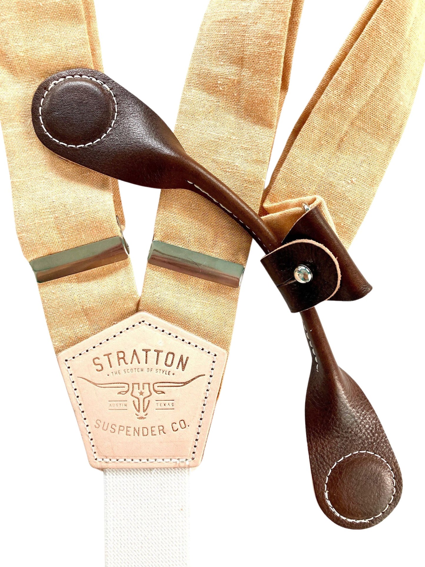 Stratton Suspenders in El Paso Sunset Orange Linen Paired with Chocolate Pontedero Leather Magnetic Clasps