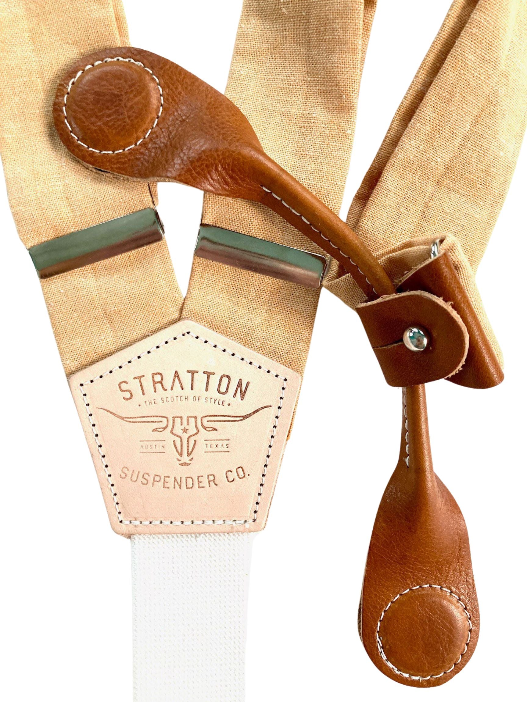 Stratton Suspenders in El Paso Sunset Orange Linen Paired with Tan Pontedero Leather Magnetic Clasps