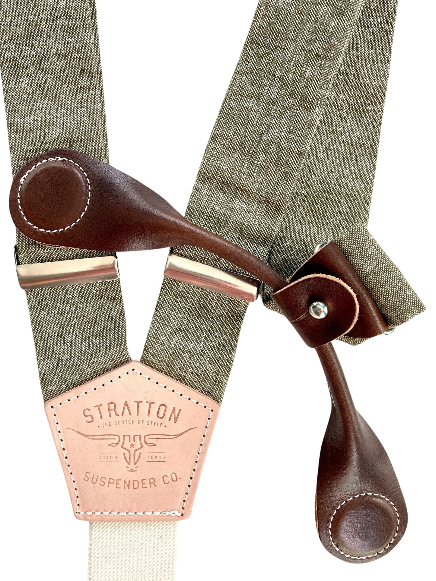 Stratton Suspender Co. features the Olive Green linen suspenders on veg tan shoulder leather with cream colored elastic back strap for the Fall 2022 suspenders clasps in Chocolate Pontedero Italian leather hand-picked by Stratton Suspender Co.