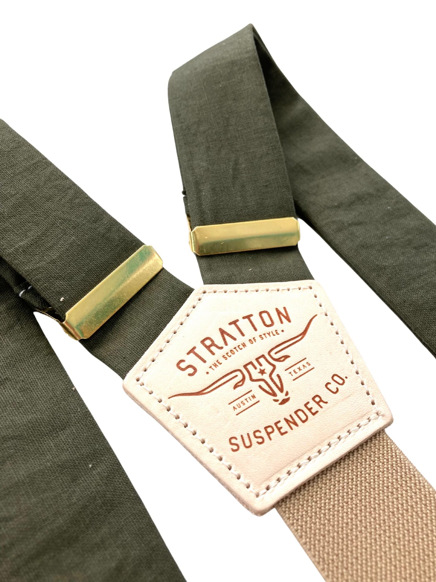 Close-up of olive green linen button-on suspenders with a taupe back strap, featuring full-grain leather detailing, premium brass adjusters, and handcrafted stitching. A refined, vintage-inspired accessory perfect for groomsmen, weddings, and timeless menswear.