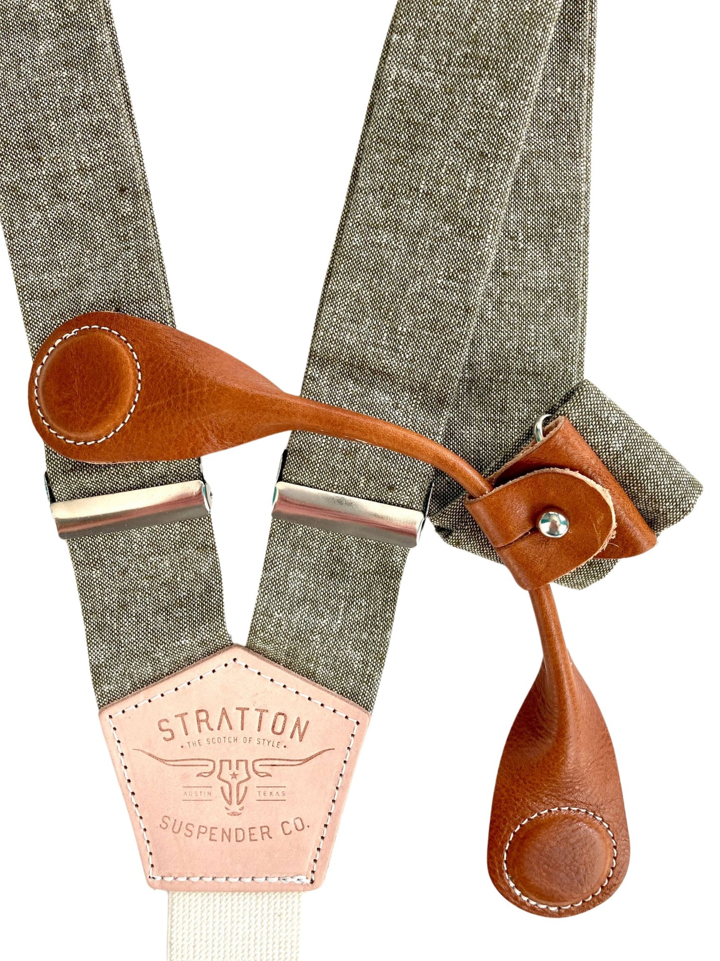 Stratton Suspender Co. features the Olive Green linen suspenders on veg tan shoulder leather with cream colored elastic back strap for the Fall 2022 suspenders clasps in Tan Pontedero Italian leather hand-picked by Stratton Suspender Co.