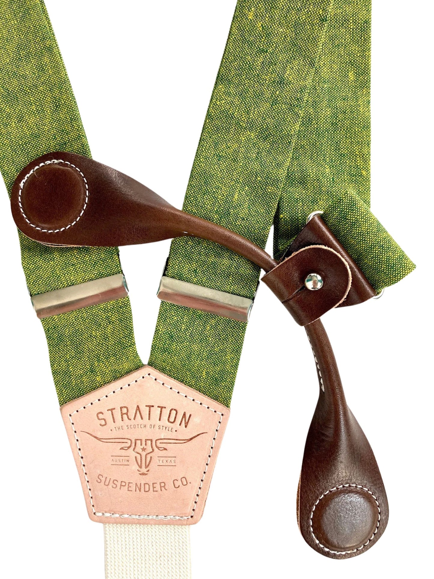 Stratton Suspender Co. features the Palm green with yellow woven threaded linen suspenders on veg tan shoulder leather with cream colored elastic back strap for the Fall 2022 suspenders collection Magnetic Stratton Suspender clasps in Chocolate Pontedero Italian leather hand-picked by Stratton Suspender Co.