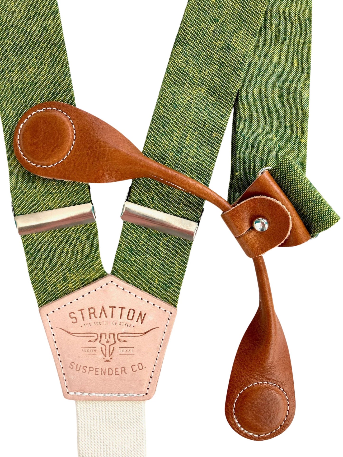 Stratton Suspender Co. features the Palm green with yellow woven threaded linen suspenders on veg tan shoulder leather with cream colored elastic back strap for the Fall 2022 suspenders collection Magnetic Stratton Suspender clasps in Tan Pontedero Italian leather hand-picked by Stratton Suspender Co.