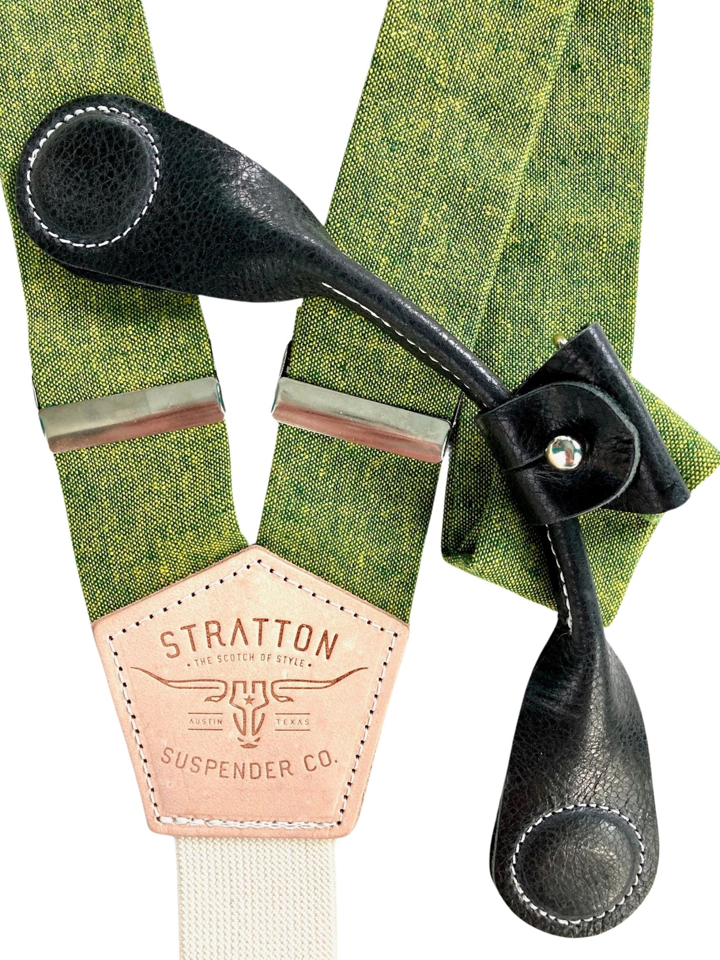 Stratton Suspender Co. features the Palm green with yellow woven threaded linen suspenders on veg tan shoulder leather with cream colored elastic back strap for the Fall 2022 suspenders collection Magnetic Stratton Suspender clasps in Black Pontedero Italian leather hand-picked by Stratton Suspender Co.