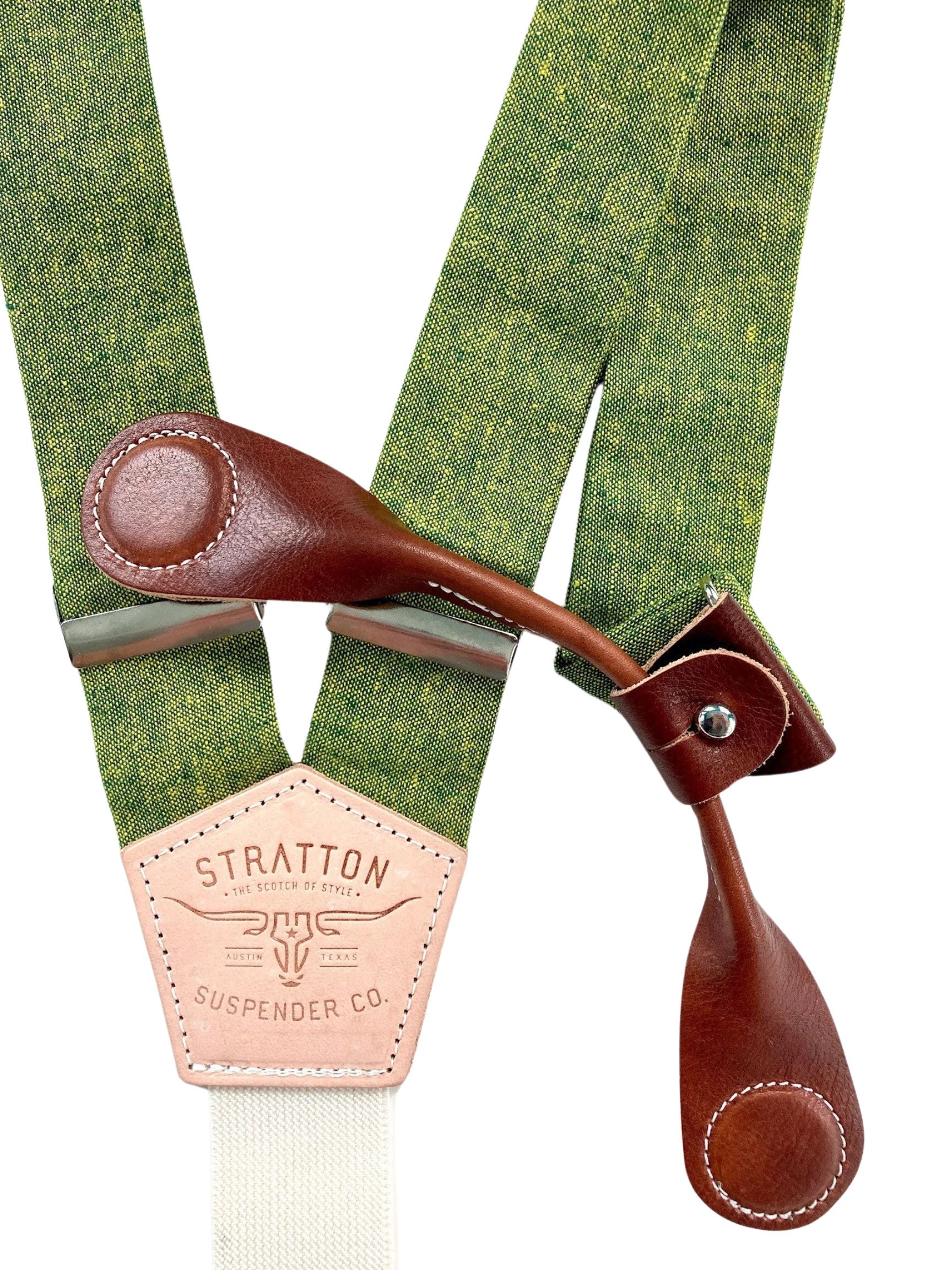 Stratton Suspender Co. features the Palm green with yellow woven threaded linen suspenders on veg tan shoulder leather with cream colored elastic back strap for the Fall 2022 suspenders collection Magnetic Stratton Suspender clasps in Cognac Pontedero Italian leather hand-picked by Stratton Suspender Co.