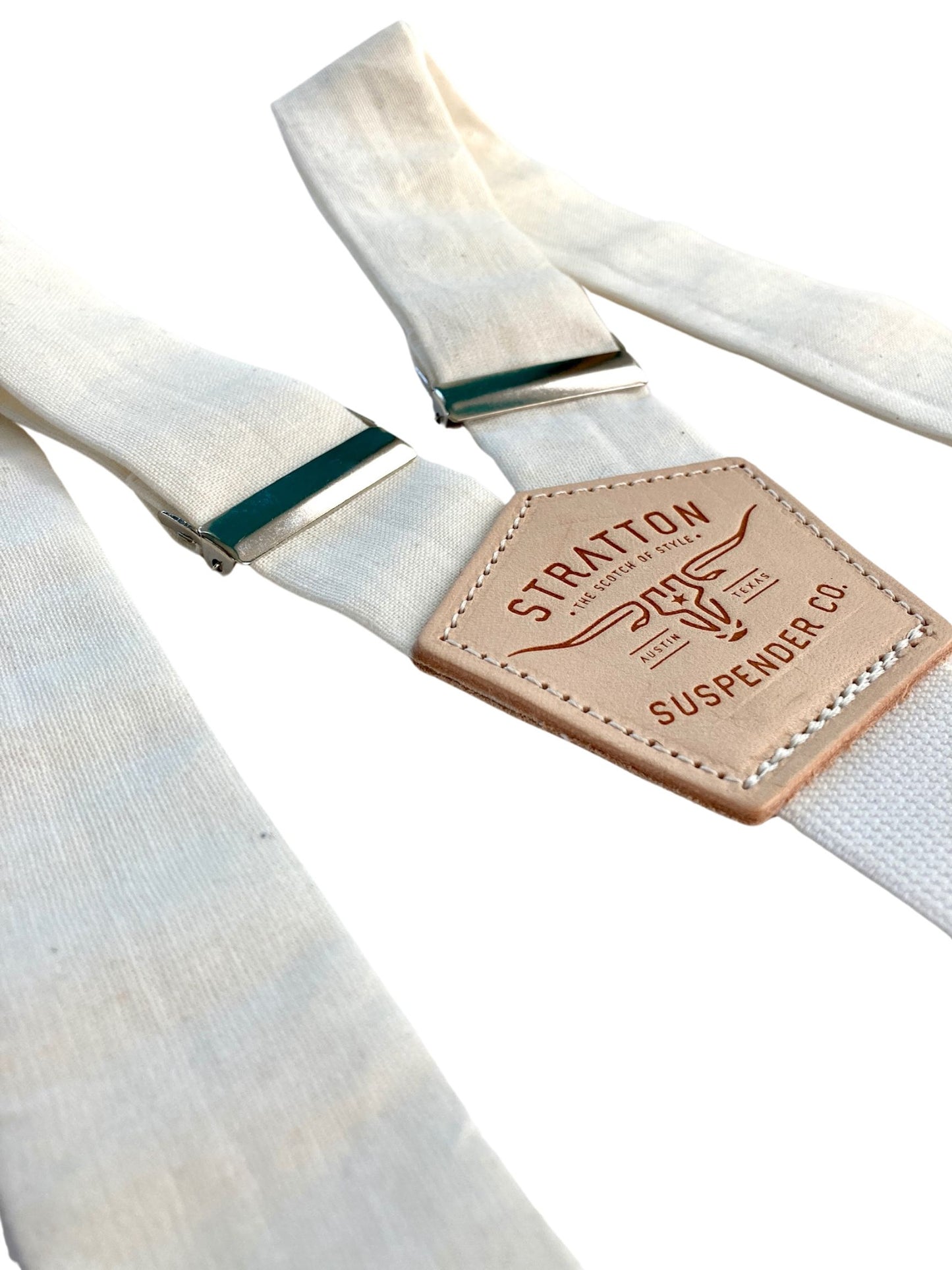 pearl white linen tuxedo button on suspenders in silver hardware for formal weddings and special occasions