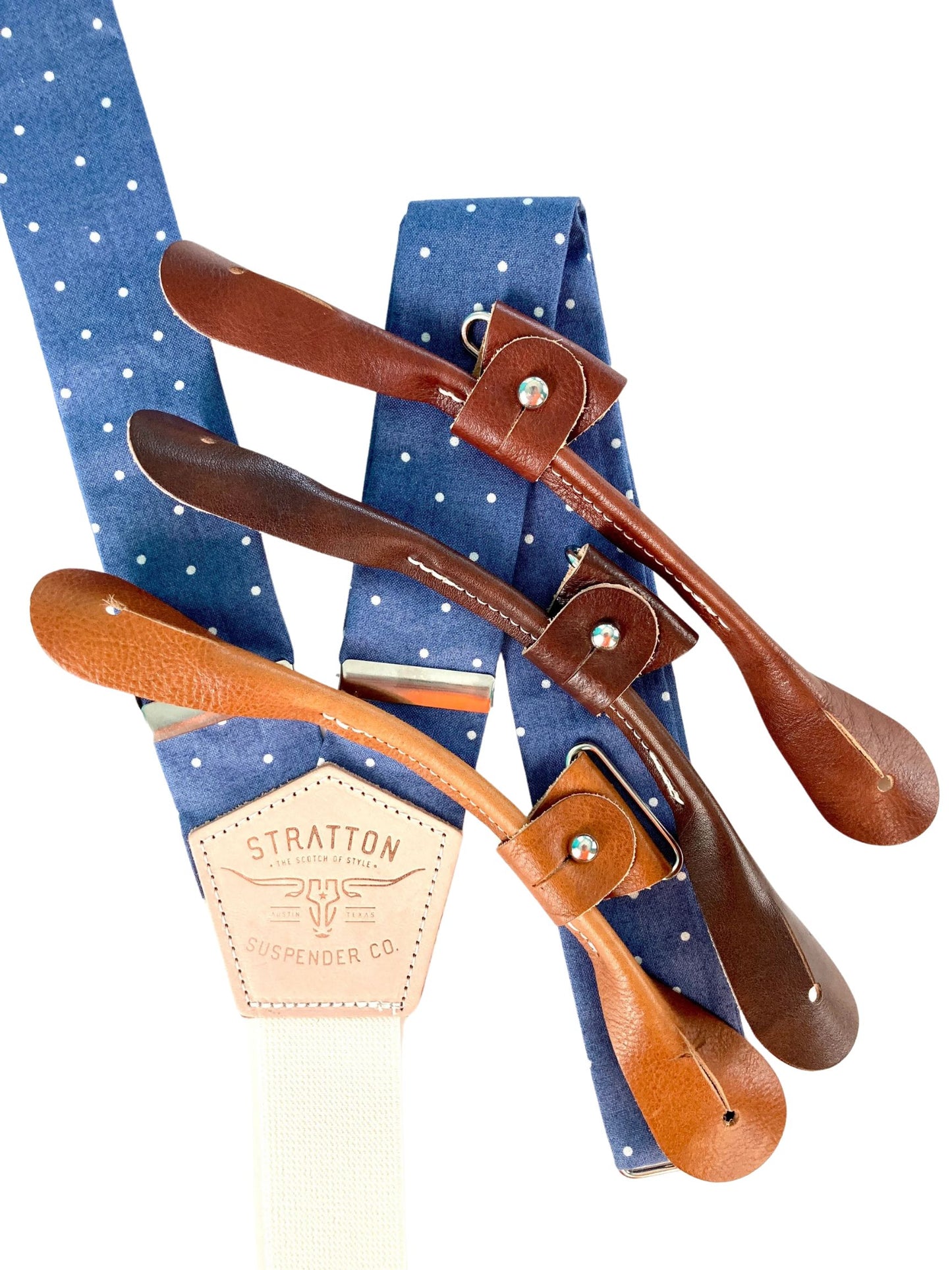 Stratton Suspender Co. Button On Set in Vintage Blue Polka Dot featuring Tan, Cognac, and Chocolate Italian Pontedero Leather