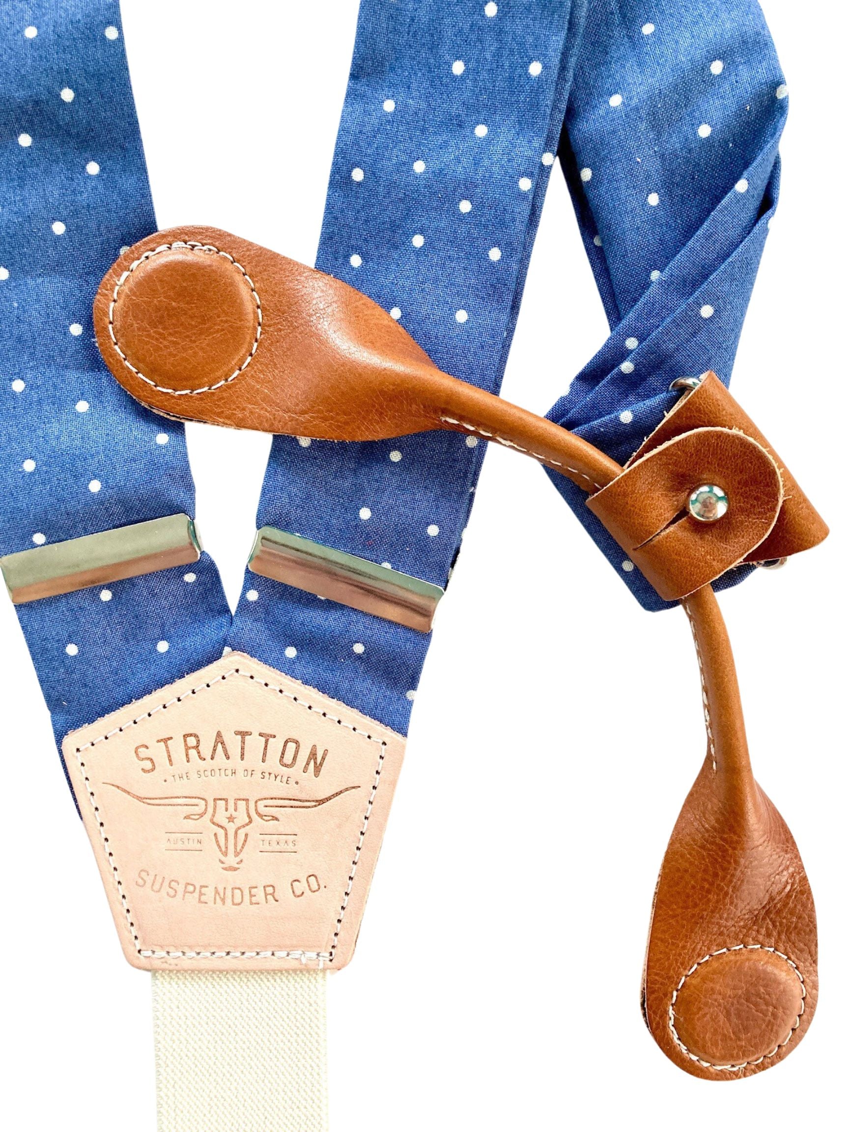 Stratton Suspenders in our Vintage Polka Dot Blue Paired with Tan Pontedero Leather Magnetic Clasps