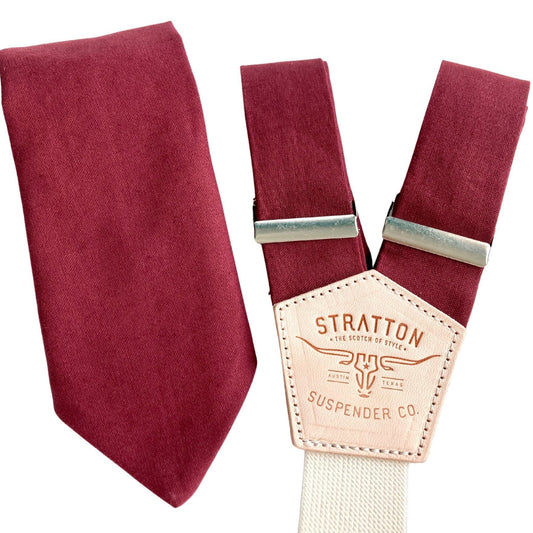 Red Wine Matching Tie and Button-On Suspender Gift Set