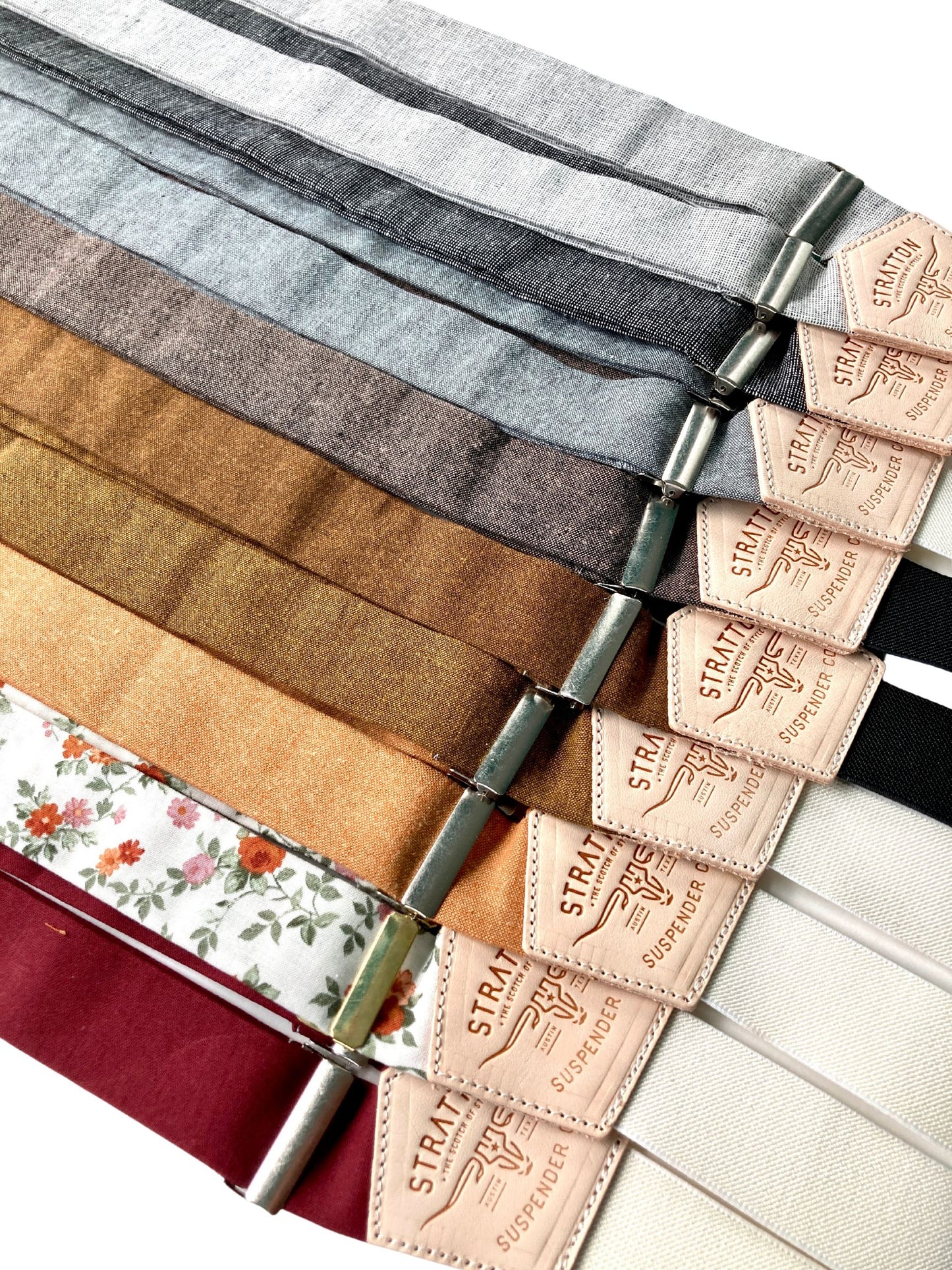Red Wine, Floral Terracotta, Copper, Cinnamon, Espresso, Shale, Black, and Silver Linen Suspenders with Button-On Wedding Attachments. Handmade Heritage American Menswear – Ethically Crafted in Texas by Stratton Suspender Co.