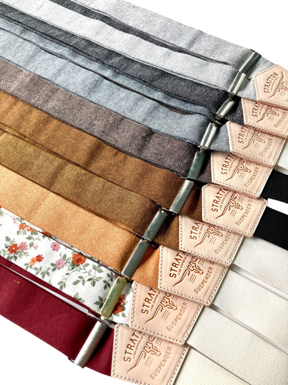 Red Wine, Floral Terracotta, Copper, Cinnamon, Espresso, Shale, Black, and Silver Linen Suspenders with Button-On Wedding Attachments. Handmade Heritage American Menswear – Ethically Crafted in Texas by Stratton Suspender Co.