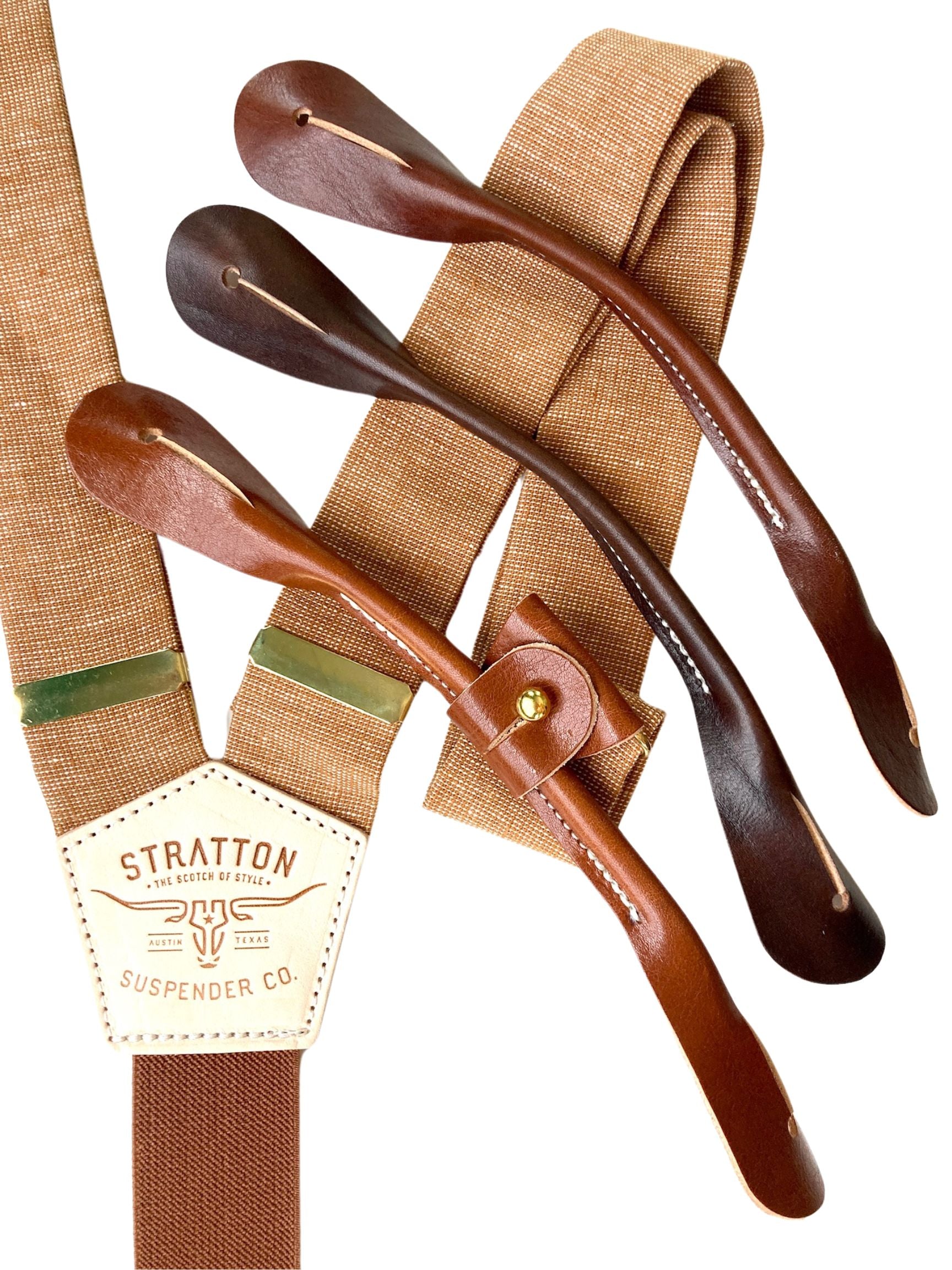 Handmade roasted pecan and burnt orange button-on suspenders with premium veg-tan leather attachments in tan, cognac, or chocolate. Designed for groomsmen, weddings, and vintage menswear, these suspenders feature a woven elastic back strap and gold brass hardware for a refined, monochrome brown aesthetic.