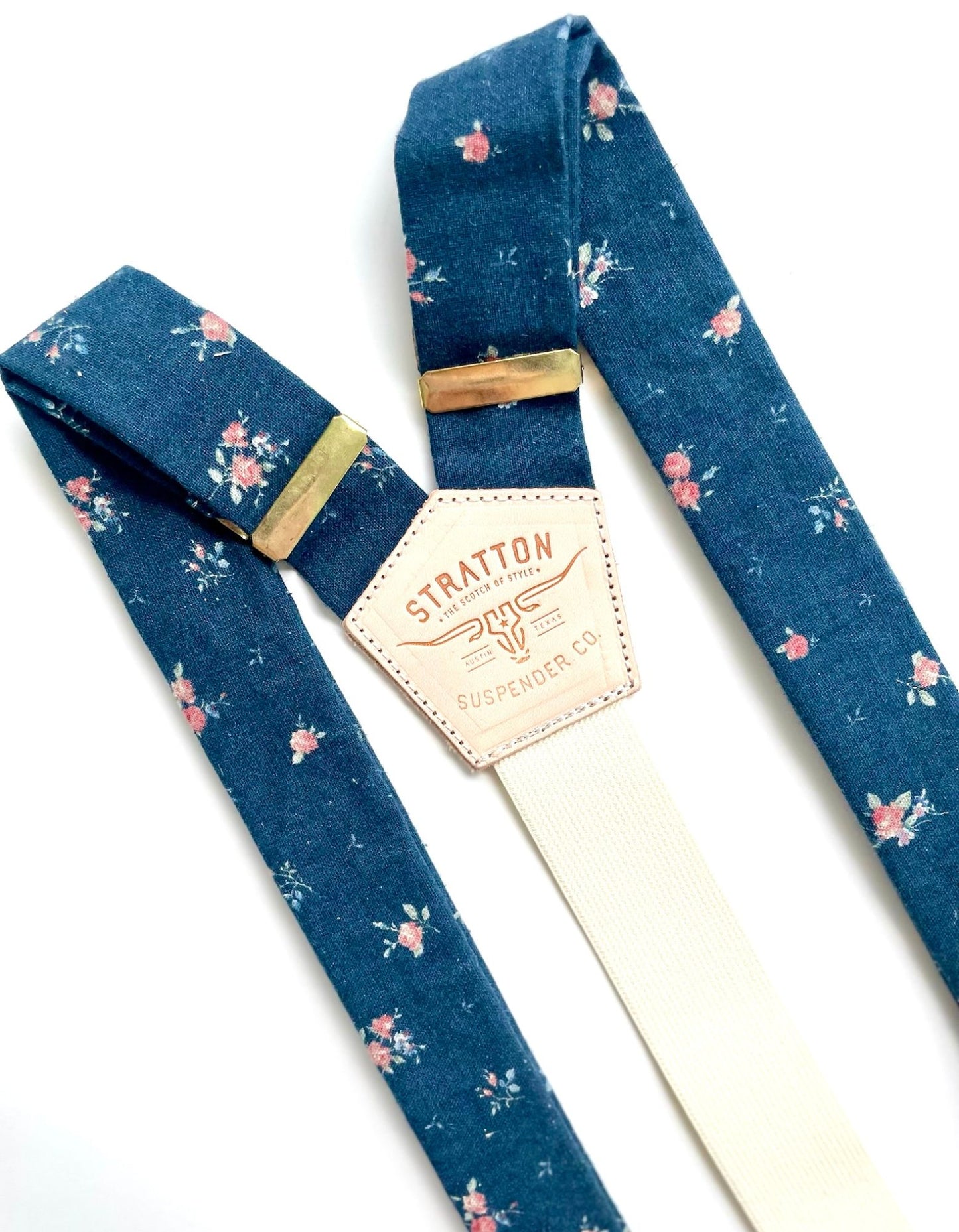 Navy Blue Floral Linen Wedding Suspenders – Handcrafted Elegance with Gold Hardware & Italian Leather