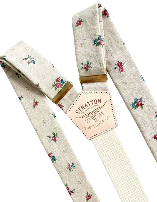 Hazelnut Floral Linen Wedding Suspenders – Handcrafted Elegance with Gold Hardware & Italian Leather