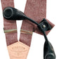 Stratton Suspender Co. features the Rust (Maroon) linen suspenders on veg tan shoulder leather with cream colored elastic back strap for the Fall 2022 suspenders clasps in Black Pontedero Italian leather hand-picked by Stratton Suspender Co.