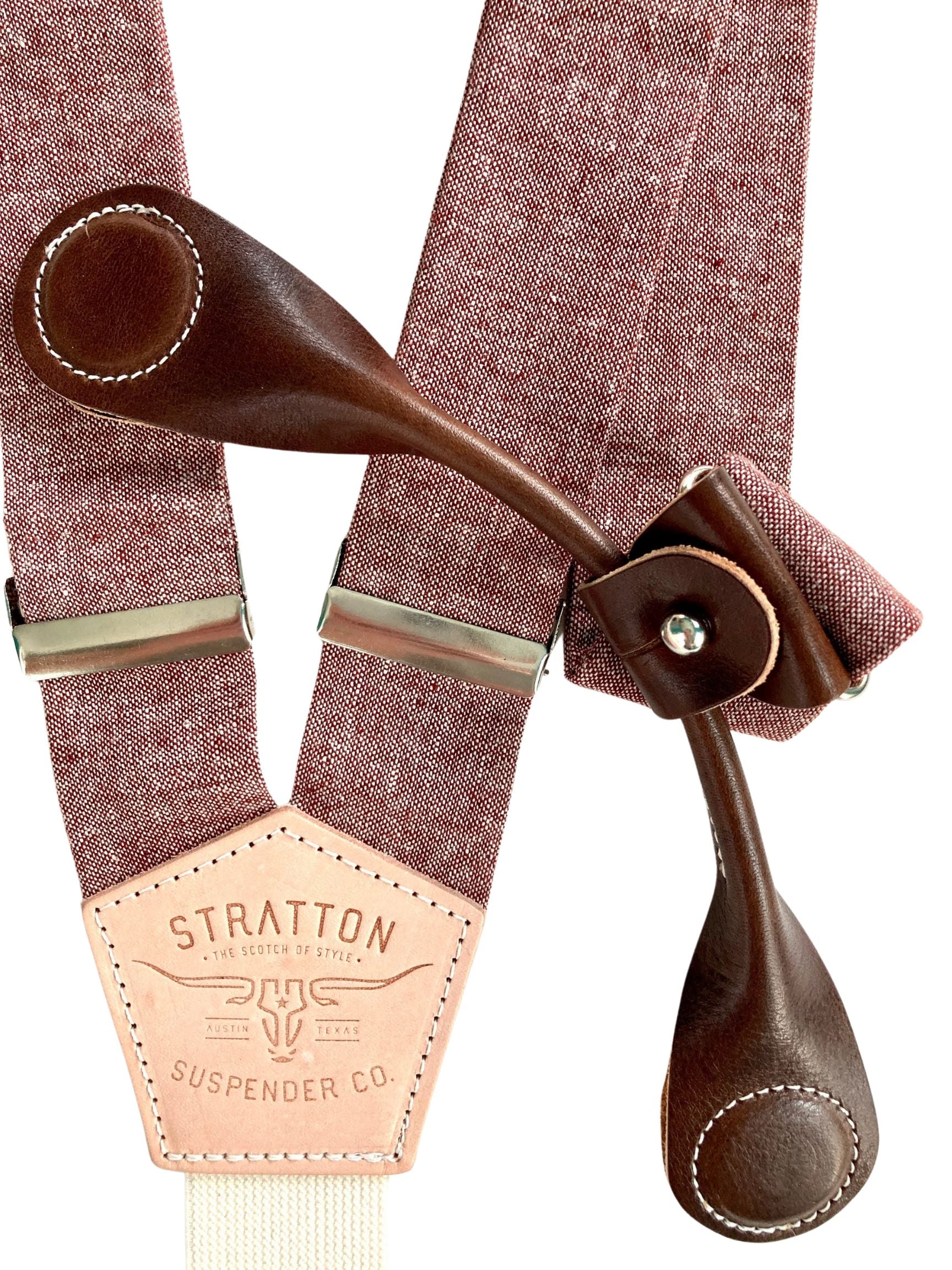 Stratton Suspender Co. features the Rust (Maroon) linen suspenders on veg tan shoulder leather with cream colored elastic back strap for the Fall 2022 suspenders clasps in Chocolate Pontedero Italian leather hand-picked by Stratton Suspender Co.