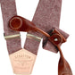Stratton Suspender Co. features the Rust (Maroon) linen suspenders on veg tan shoulder leather with cream colored elastic back strap for the Fall 2022 suspenders clasps in Cognac Pontedero Italian leather hand-picked by Stratton Suspender Co.