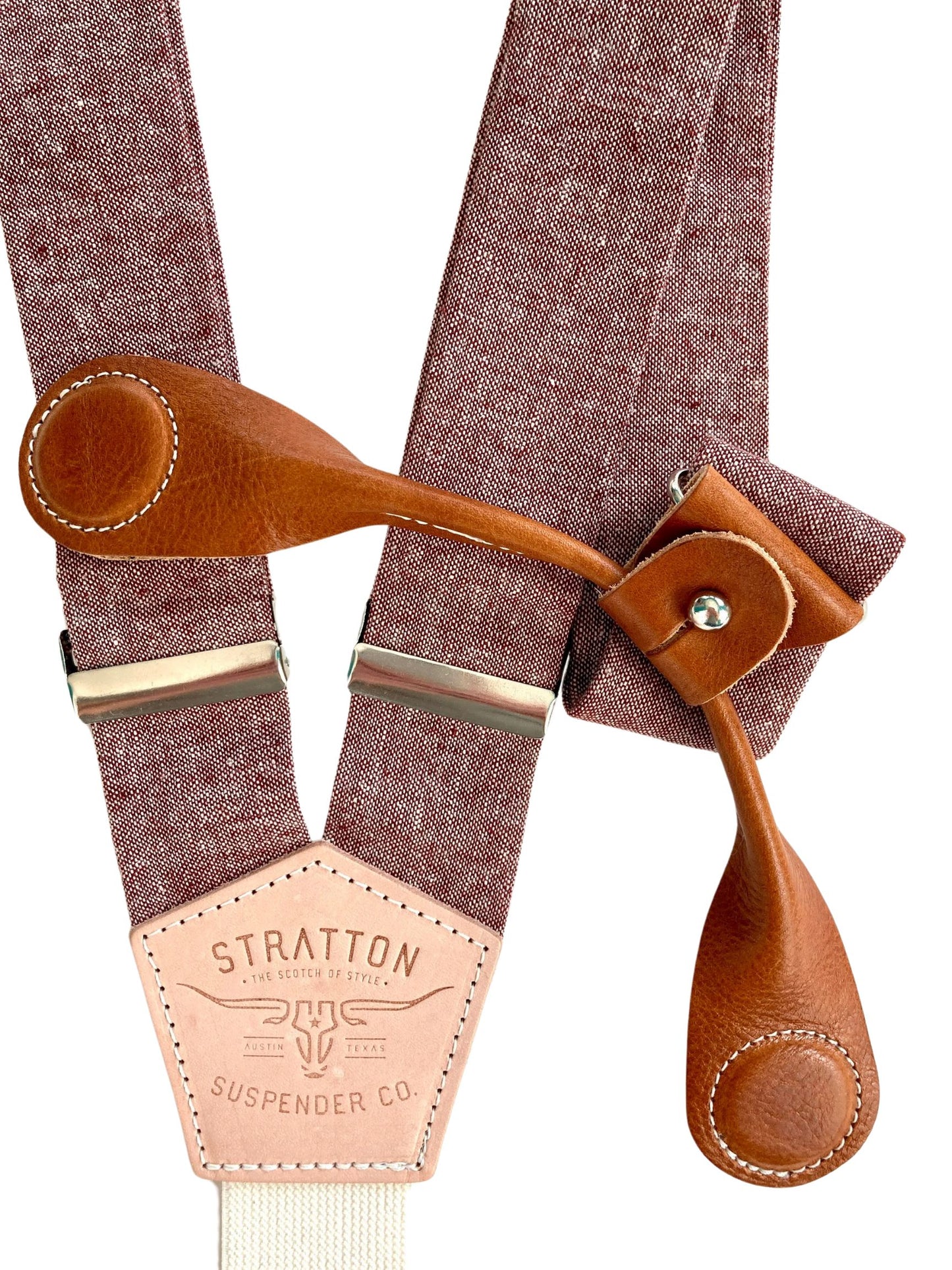 Stratton Suspender Co. features the Rust (Maroon) linen suspenders on veg tan shoulder leather with cream colored elastic back strap for the Fall 2022 suspenders collection clasps in Tan Pontedero Italian leather hand-picked by Stratton Suspender Co.