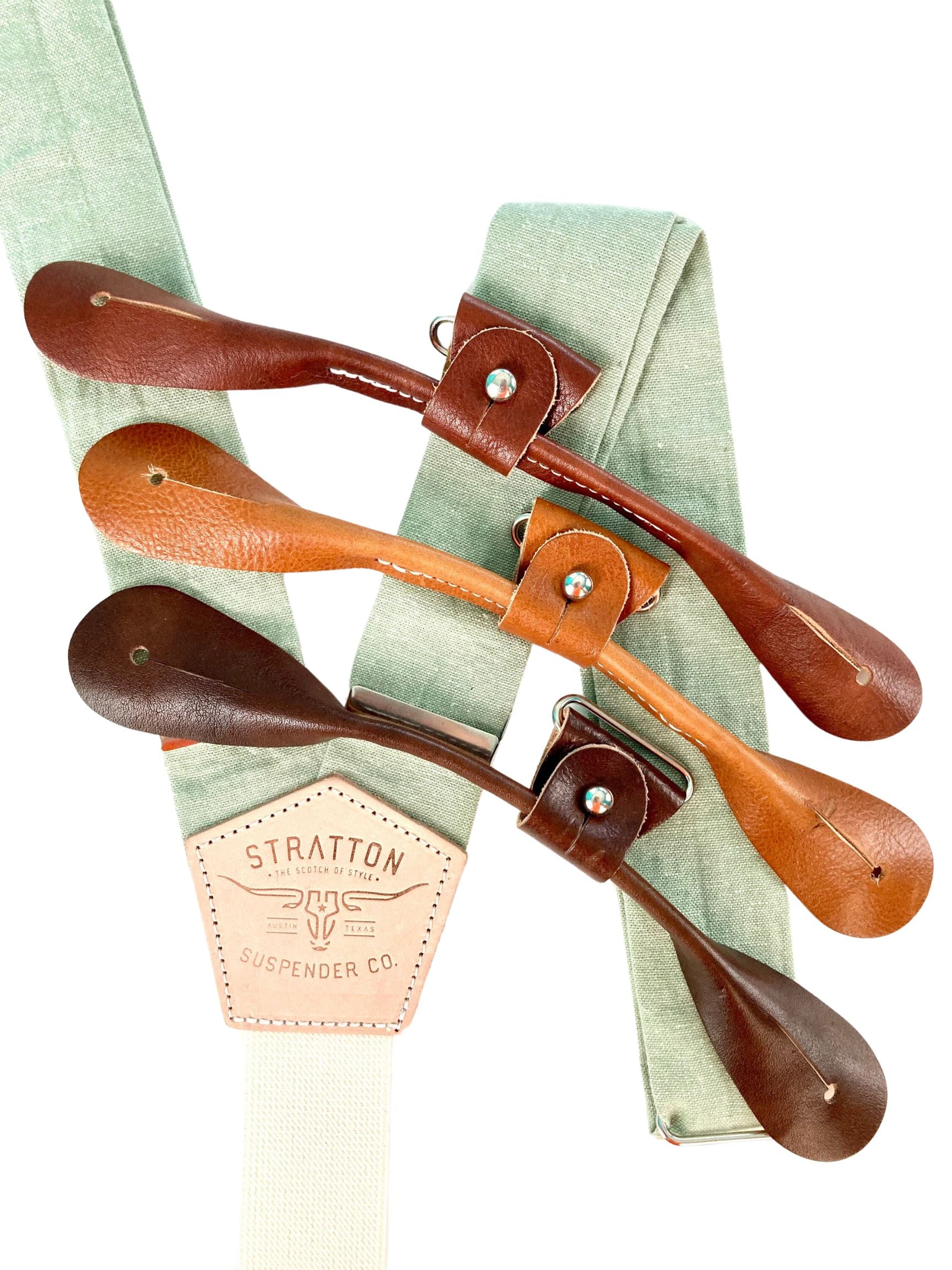 Stratton Suspender Co. Button On Set in Garner Green Linen featuring Tan, Cognac, and Chocolate Italian Pontedero Leather