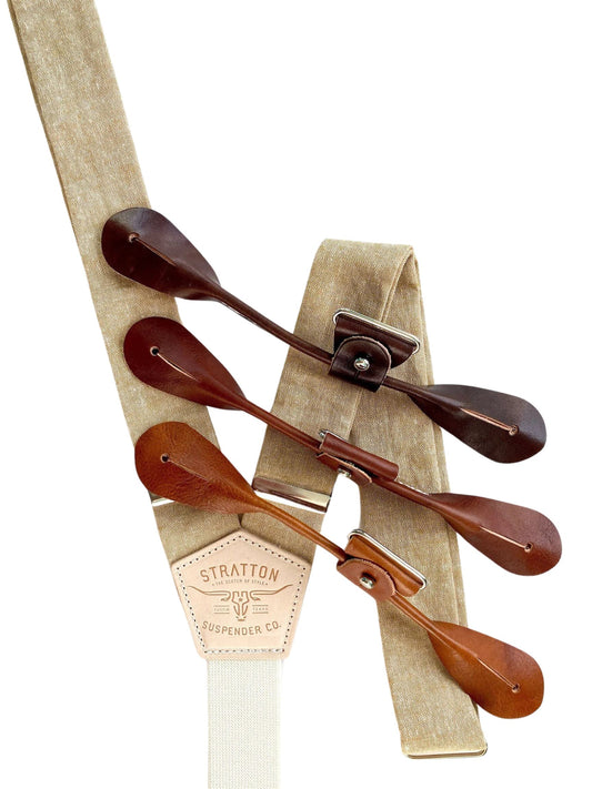Handmade Tan Leather-Colored Linen Suspenders by Stratton Suspender Co., featuring Chocolate, Cognac, and Tan Veg-Tan Leather Button-On Attachments with solid brass hardware. Ethically crafted in Texas for weddings, groomsmen, and classic menswear styling.