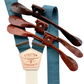 Teal blue linen suspenders with a cream back strap and premium leather button-on attachments in brown shades. Elegant, handcrafted suspenders for weddings, groomsmen, and formal menswear.
