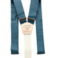 Teal linen button-on suspenders with a soft cream back strap, handcrafted for weddings and groomsmen attire. Vintage-inspired men’s formalwear with premium leather detailing, adjustable fit, and timeless craftsmanship. Perfect for rustic, barn, and outdoor weddings.