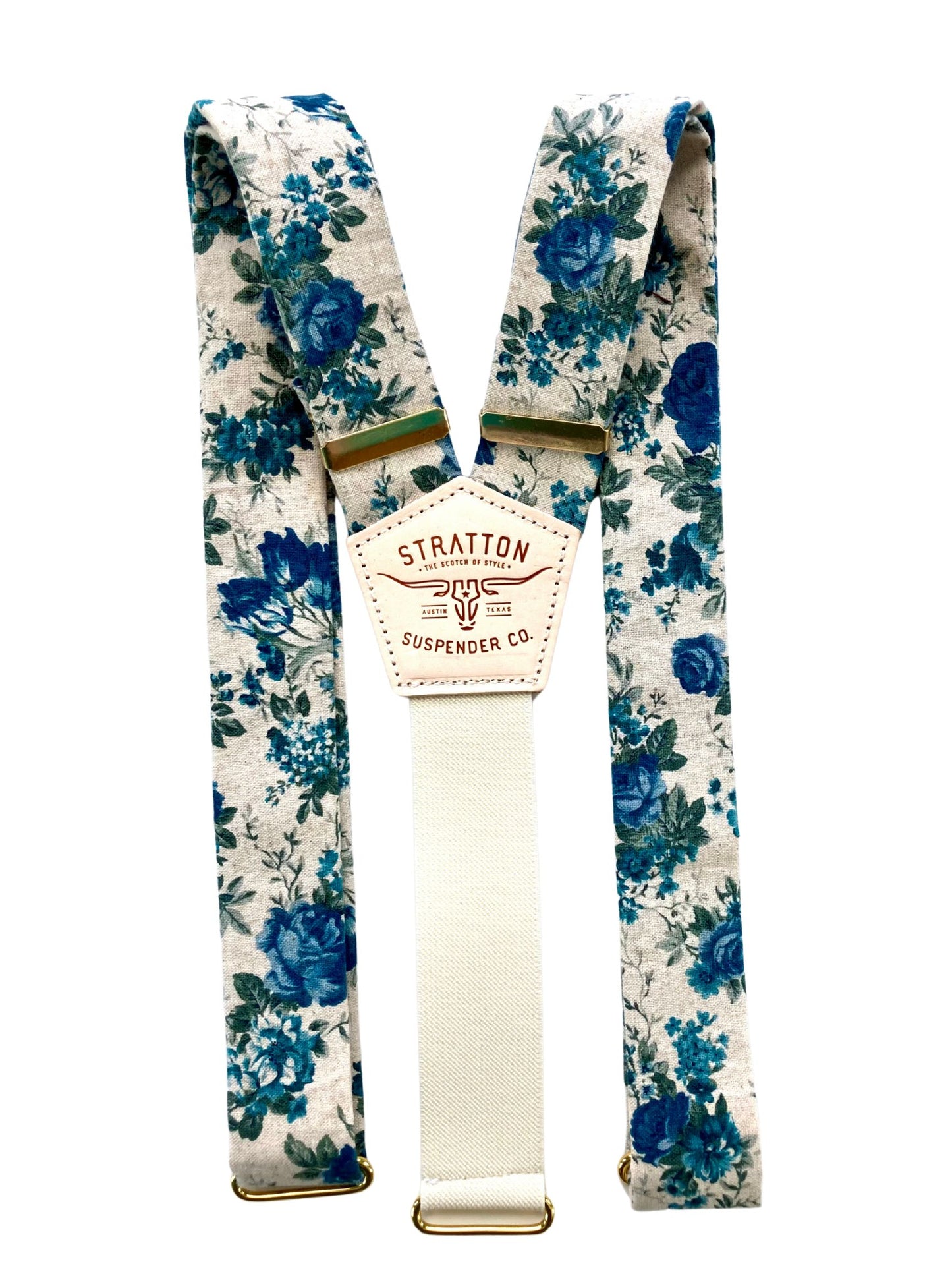 Heritage Blue Floral Linen Button-On Suspenders – Vintage-Inspired Groomsmen Attire