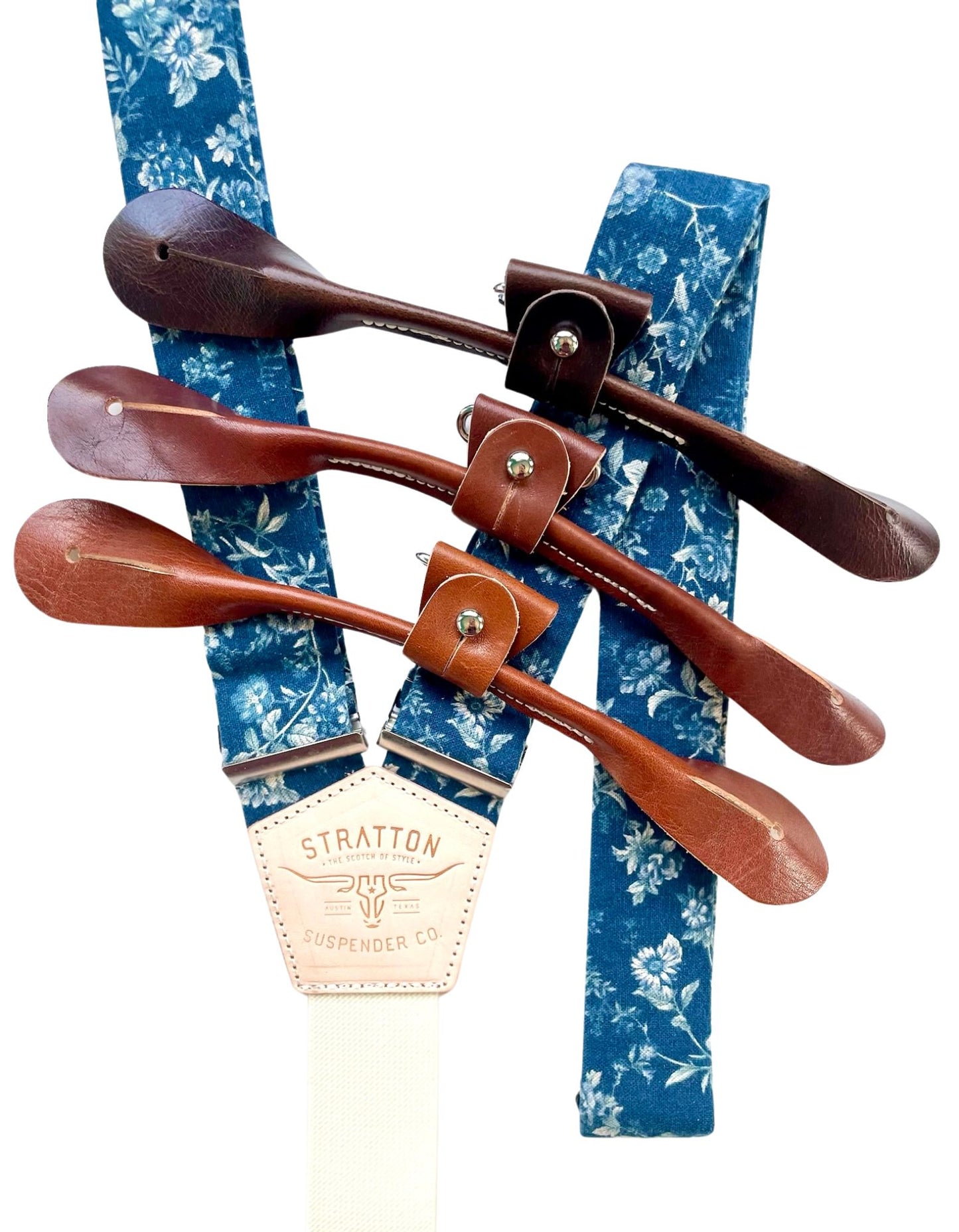 Prussian Blue Floral Linen Wedding Suspenders – Handcrafted Elegance with Italian Leather