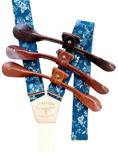 Prussian Blue Floral Linen Wedding Suspenders – Handcrafted Elegance with Italian Leather